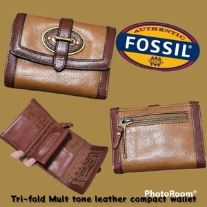 Fossil Retro 2 tone Chestnut & mahogany brown leather tri- fold wallet mult card
